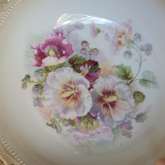 Hand painted German bowl floral embossed Pansies pink green - Picture 3 of 8